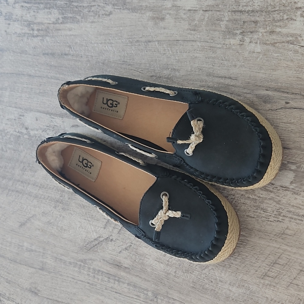 UGG Black Espadrille Moccasin Flats with Natural Rope Trim